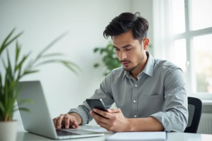 Jeune homme professionnel examinant un smartphone dernier modèle à son bureau moderne en 2026