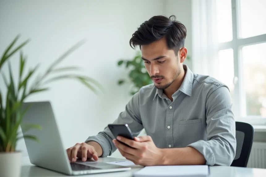 Jeune homme professionnel examinant un smartphone dernier modèle à son bureau moderne en 2026