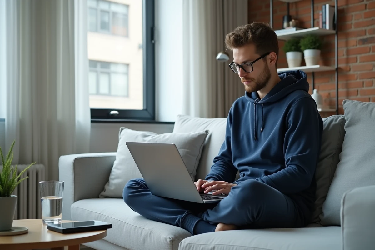 Jeune homme travaillant depuis son canapé sur un ordinateur portable pour générer des revenus en ligne