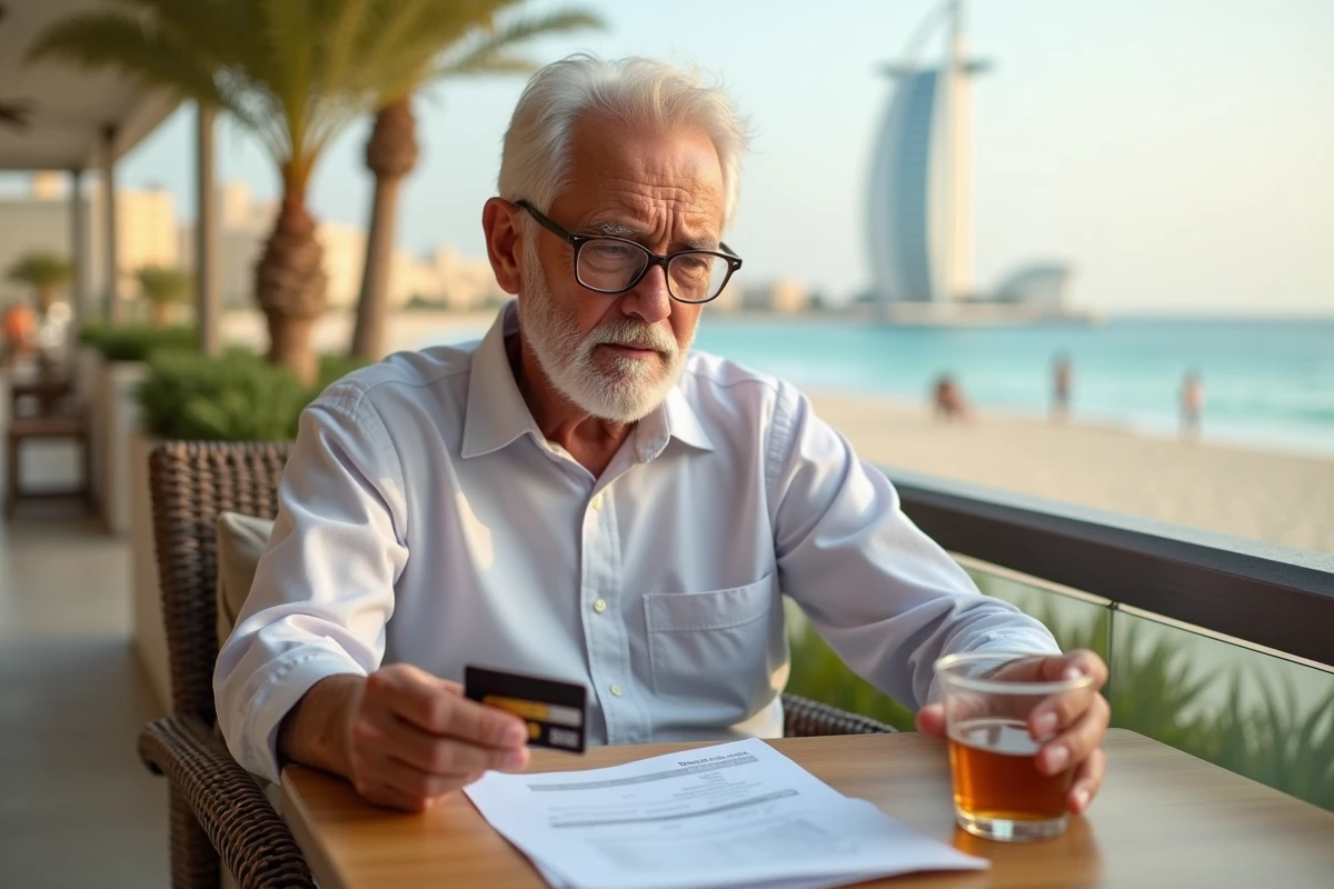 Homme examine sa facture d'hôtel et sa carte bancaire à Dubai en vérifiant ses dépenses de voyage
