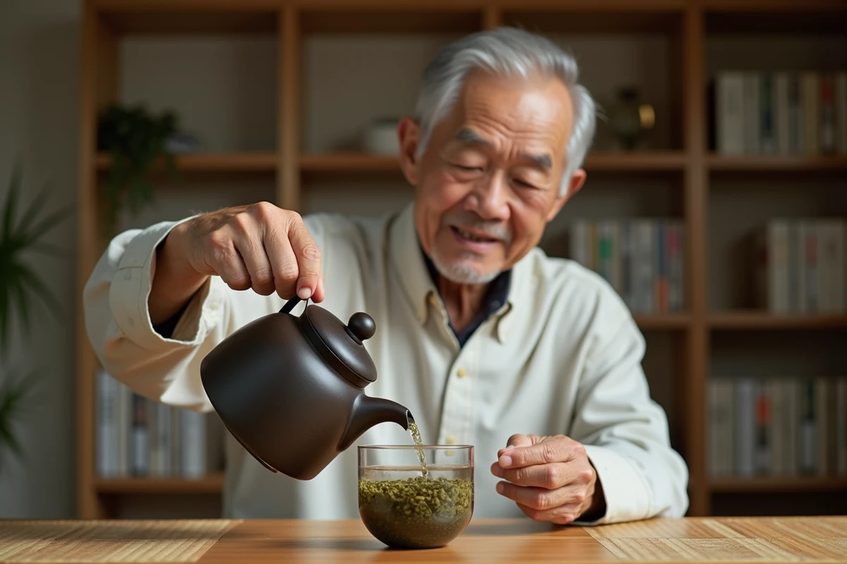 homme senior versant eau chaude pour infuser du thé vert dans intérieur épuré, rituel santé traditionnel