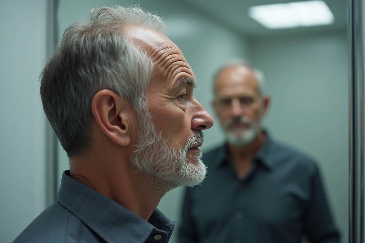Homme mûr observant son visage dans un miroir de clinique, montrant les signes naturels du vieillissement facial