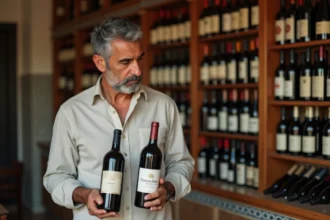 Homme marocain examine deux bouteilles de vin dans une boutique