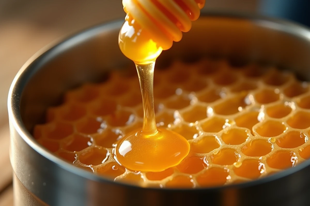 Extraction du miel doré des rayons dans un pot lors de la récolte