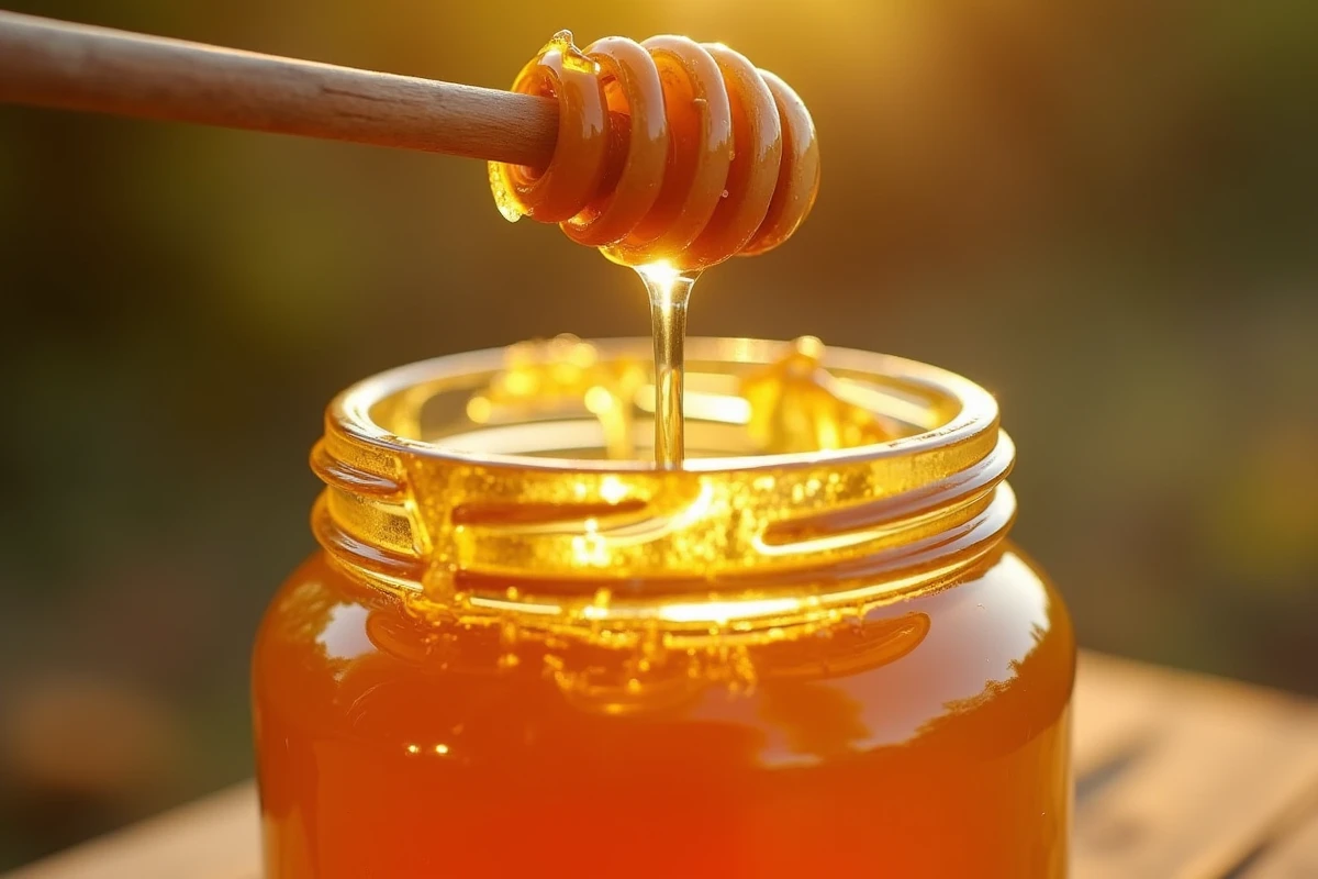 Miel coulant d'un cadre de ruche dans un pot en verre transparent