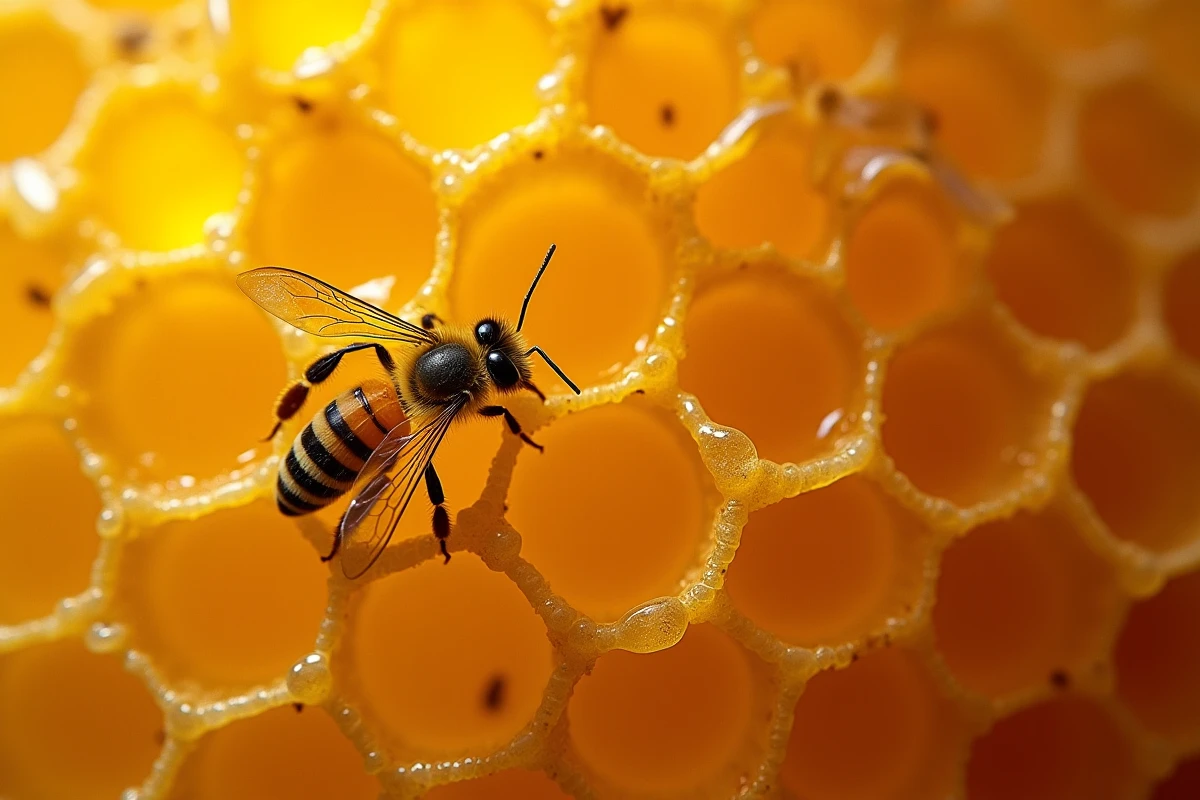 Gros plan sur les alvéoles d'un rayon de miel rempli de miel doré et pollen