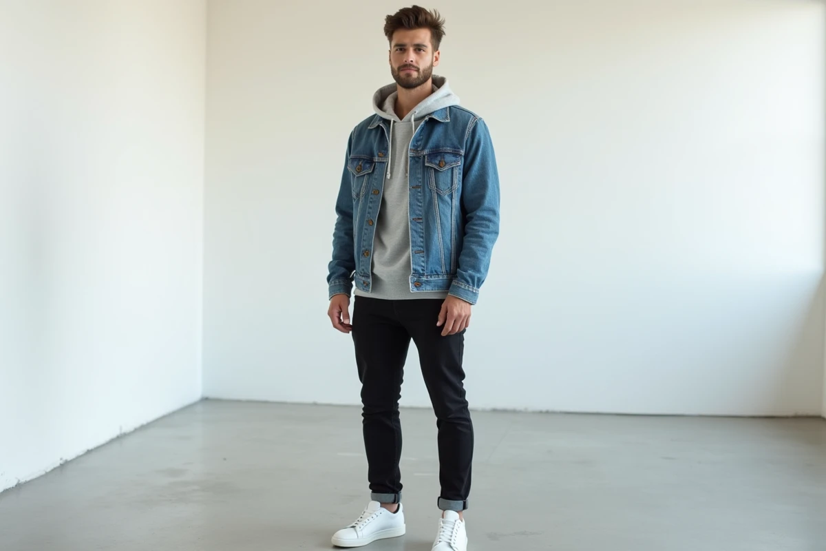 homme en look basique streetwear avec hoodie gris et veste denim vintage, style jeune et tendance