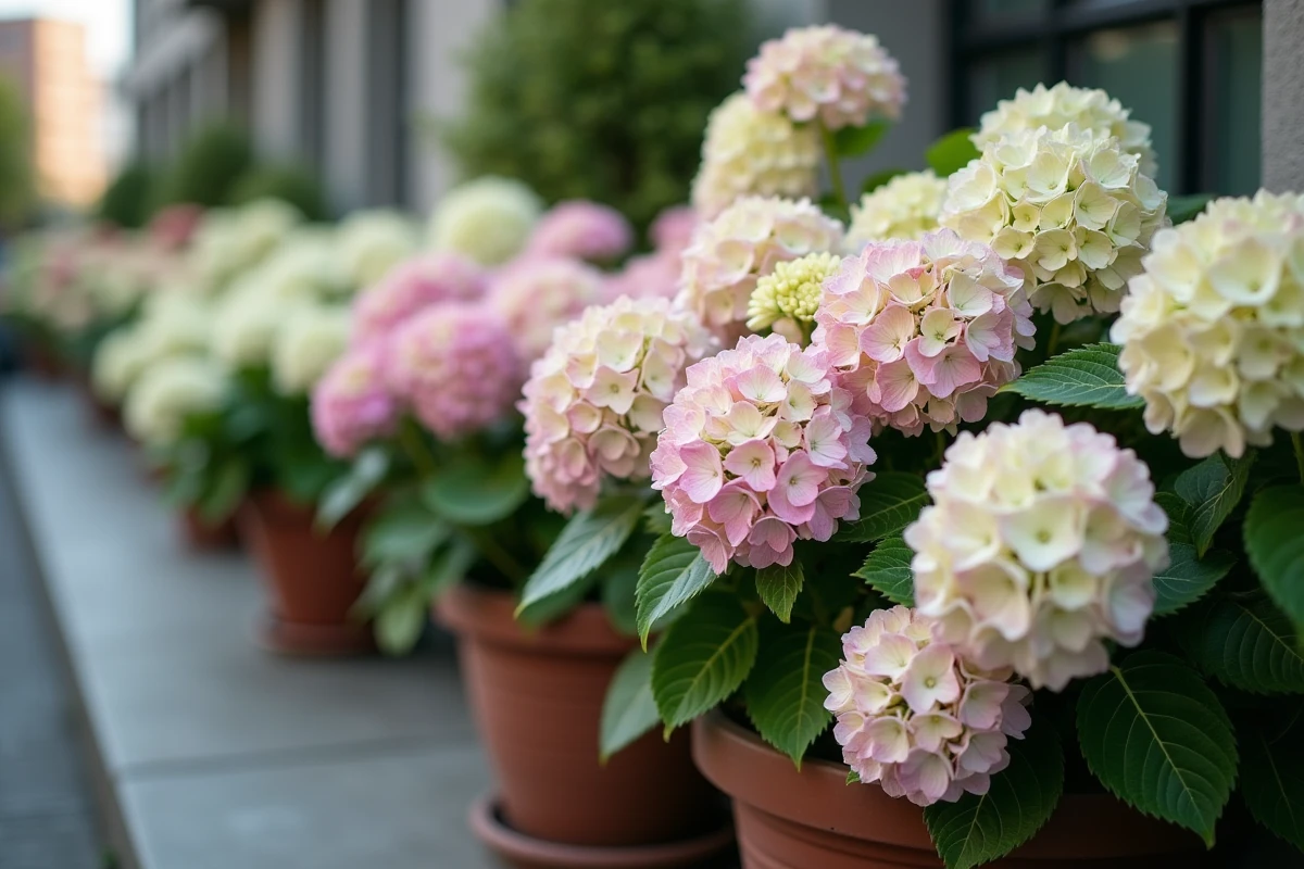 Hortensia fleurs blanches roses balcon ombre exposition nord