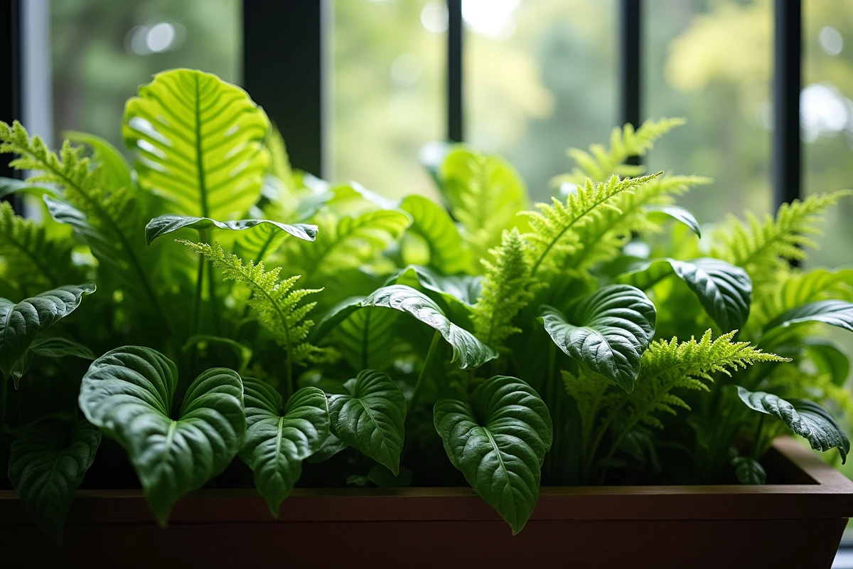 Hostas et fougères vertes luxuriantes sur un balcon exposé au nord avec pots de fleurs