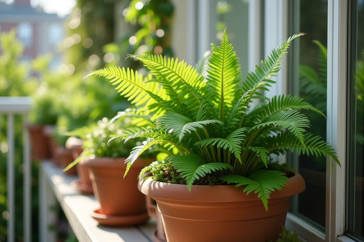 Hostas et fougères en pots sur balcon exposé au nord