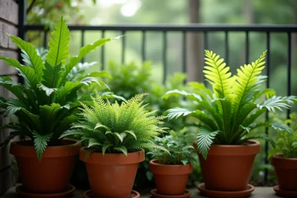 Plantes d'ombre hostas et fougères en pots sur un balcon exposé au nord