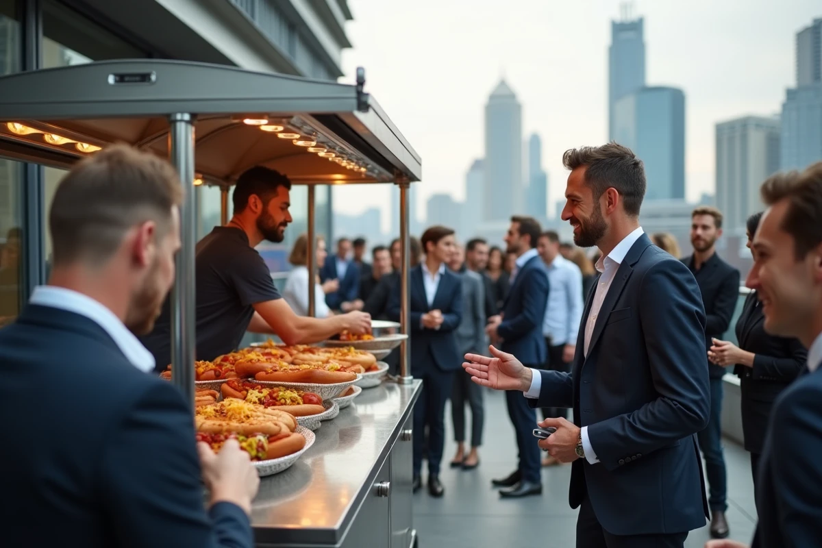 Machine à hot dog servant des employés lors d'un événement corporate en terrasse d'immeuble moderne avec vue sur ville