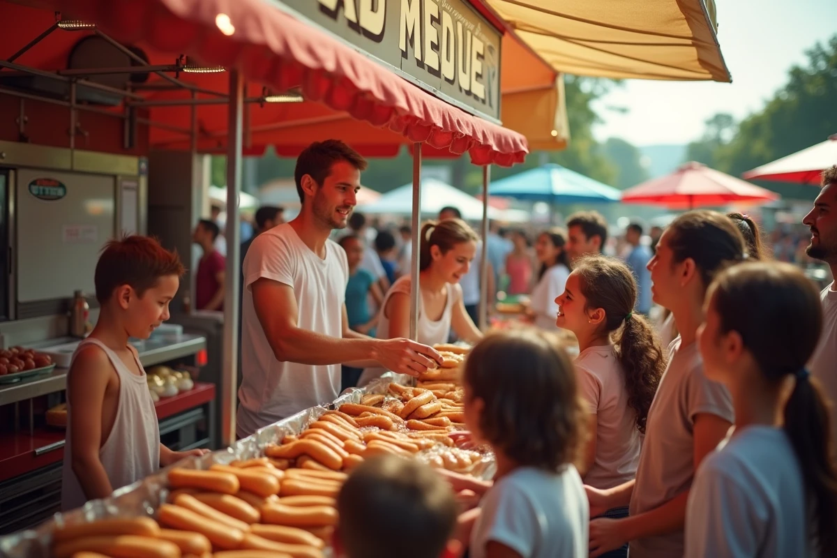File de clients à une station de hot dog lors d'un festival en plein air