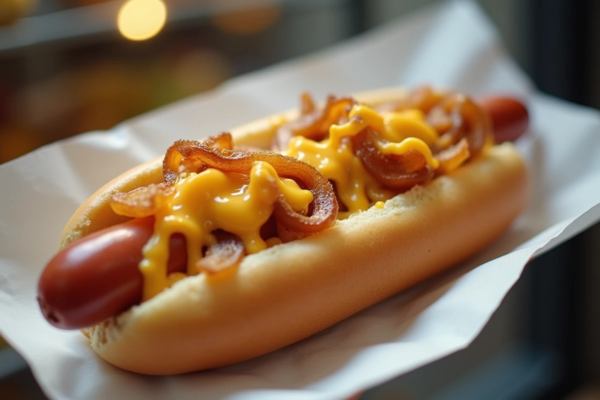Gros plan d'un hot dog fraîchement préparé avec garnitures et condiments appétissants