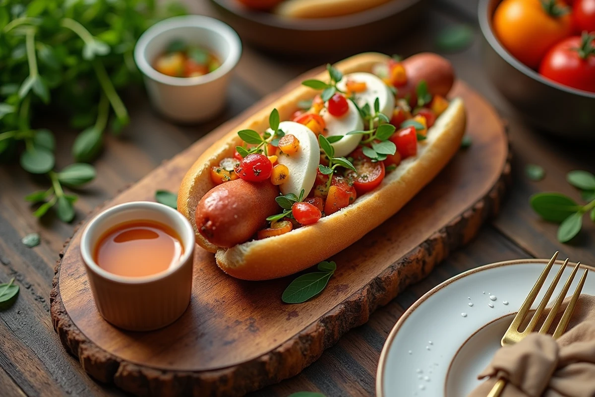 hot dog gastronomique photographié vue de dessus avec machine à hot dog en arrière-plan lors d'un événement élégant