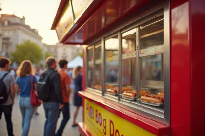 Machine à hot dog professionnelle lors d'un événement extérieur avec file d'attente de clients
