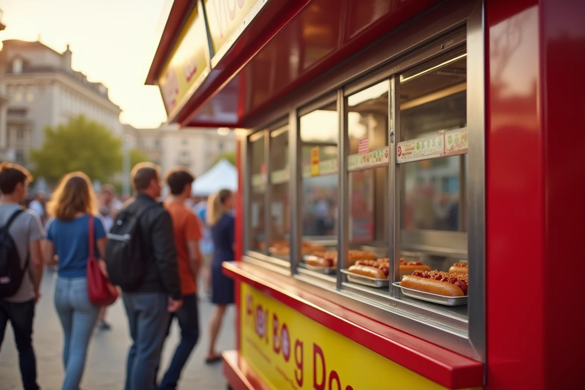 Machine à hot dog professionnelle lors d'un événement extérieur avec file d'attente de clients