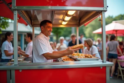 Machine à hot dog professionnelle lors d'un événement en plein air avec vendeur