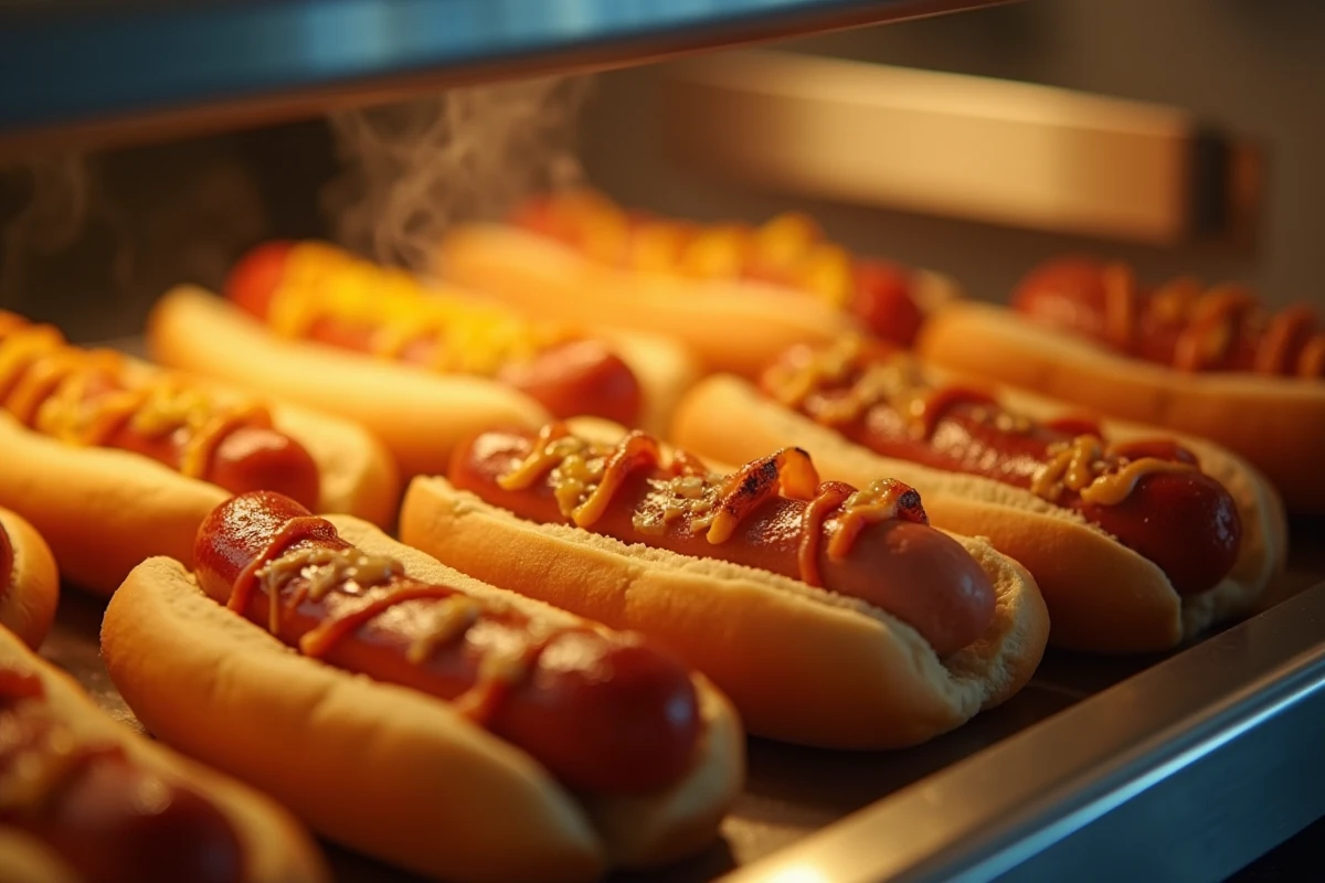 Gros plan sur des hot dogs fraîchement préparés sortant d'une machine automatique avec garnitures appétissantes