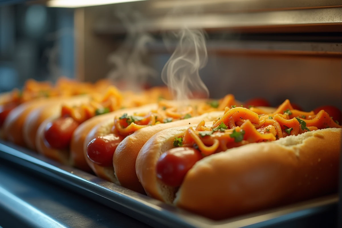 Gros plan sur des hot dogs fraîchement préparés sortant d'une machine professionnelle