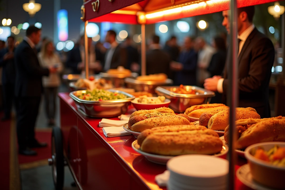 Chariot à hot dog vintage rouge lors d'un événement corporatif professionnel