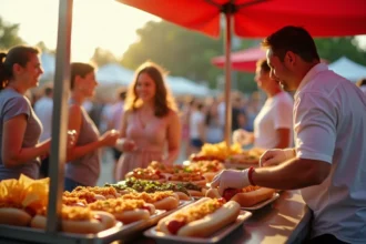 Machine à hot dog professionnelle lors d'un événement en plein air avec clients satisfaits