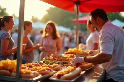 Machine à hot dog professionnelle lors d'un événement en plein air avec clients satisfaits