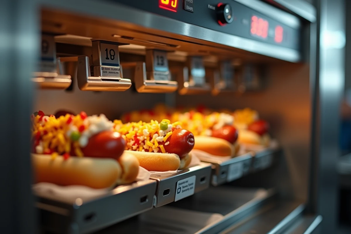 Gros plan d'une machine à hot dog automatique servant un hot dog garni