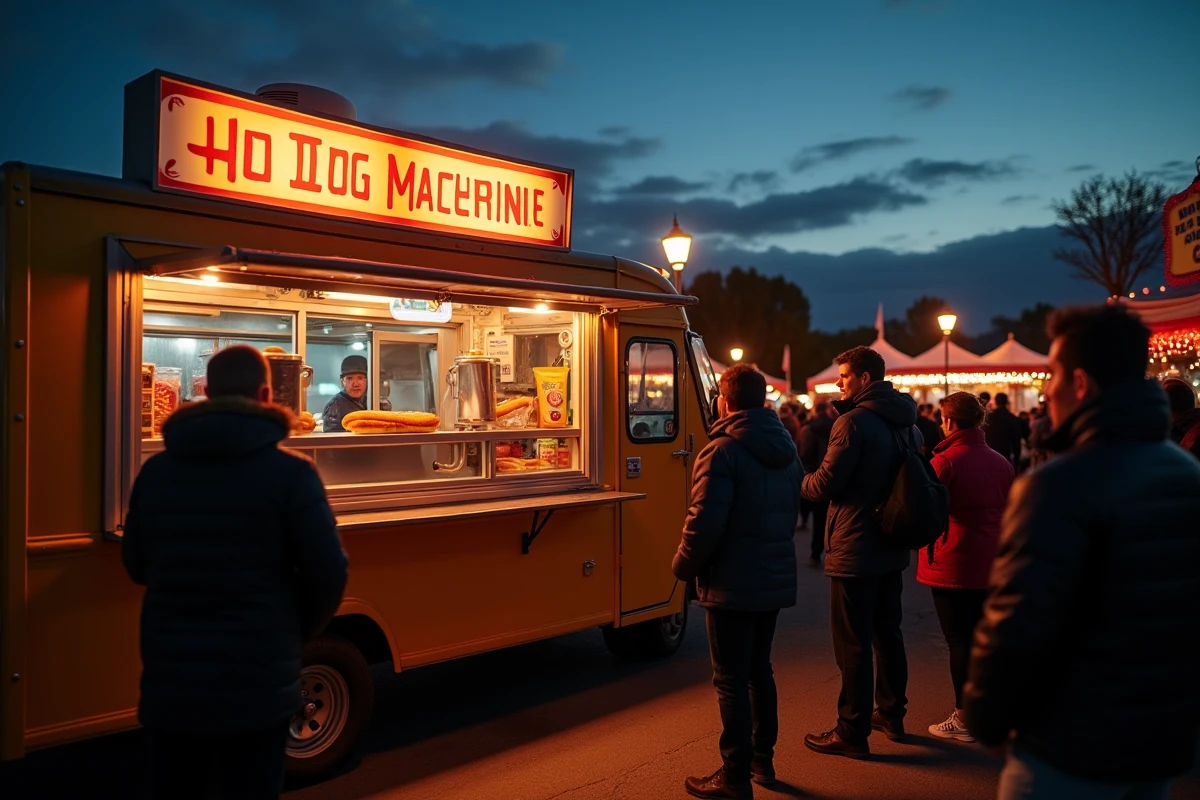 Food truck avec machine à hot dog illuminée à un festival ou foire