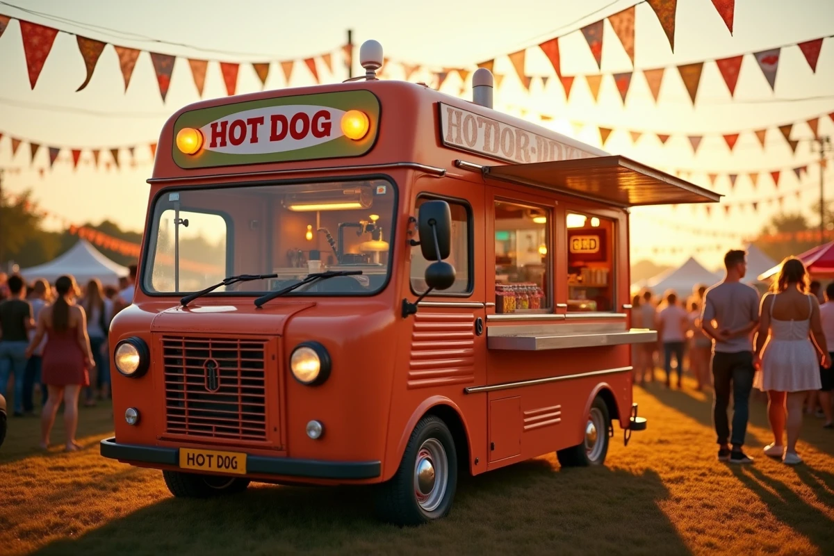 Machine à hot dog intégrée dans un food truck lors d'un festival avec public heureux