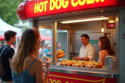 Machine à hot dog professionnelle lors d'un événement extérieur avec file de clients