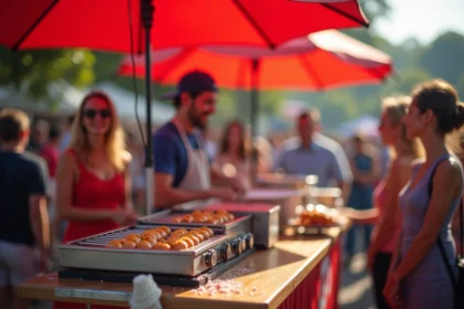 Machine à hot dog professionnelle avec parapluie rouge lors d'un événement en plein air