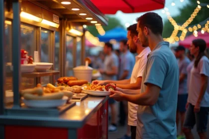 Machine à hot dog professionnelle lors d'un événement extérieur avec files de clients