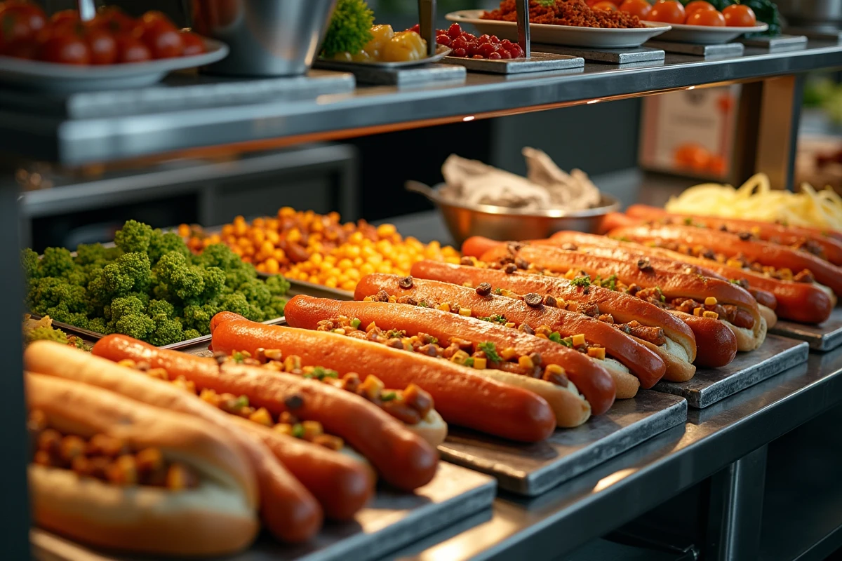 Vue d'ensemble d'une station de hot dog bien organisée avec équipement professionnel et ingrédients frais