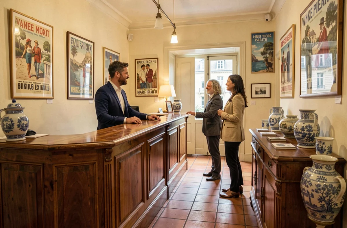 Hall d'accueil de l'Hôtel de France, boutique hôtel au charme intime situé au cœur de Narbonne