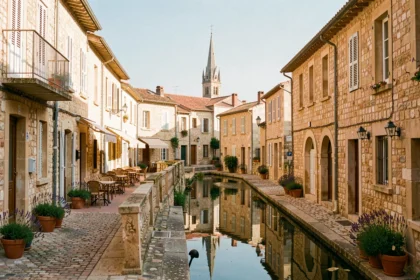 Vue panoramique de Narbonne avec ses façades en pierre, son canal et son clocher de cathédrale évoquant les meilleurs hôtels de la ville