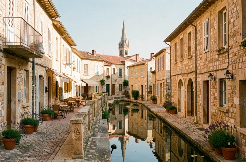 Vue panoramique de Narbonne avec ses façades en pierre, son canal et son clocher de cathédrale évoquant les meilleurs hôtels de la ville