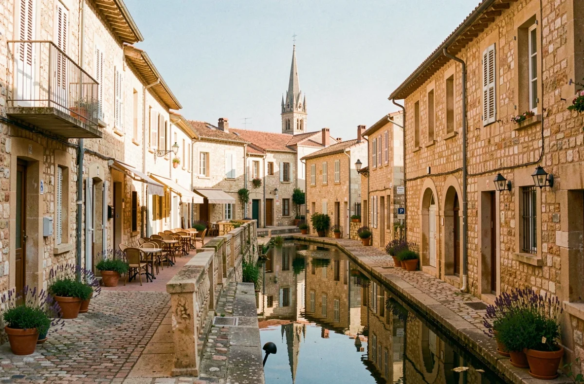 Vue panoramique de Narbonne avec ses façades en pierre, son canal et son clocher de cathédrale évoquant les meilleurs hôtels de la ville