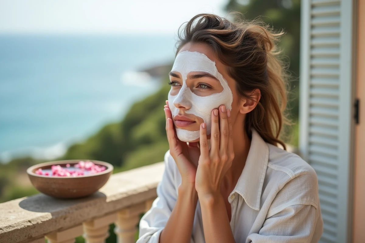 Femme appliquant un masque hydratant en profondeur face au climat salin du bord de mer