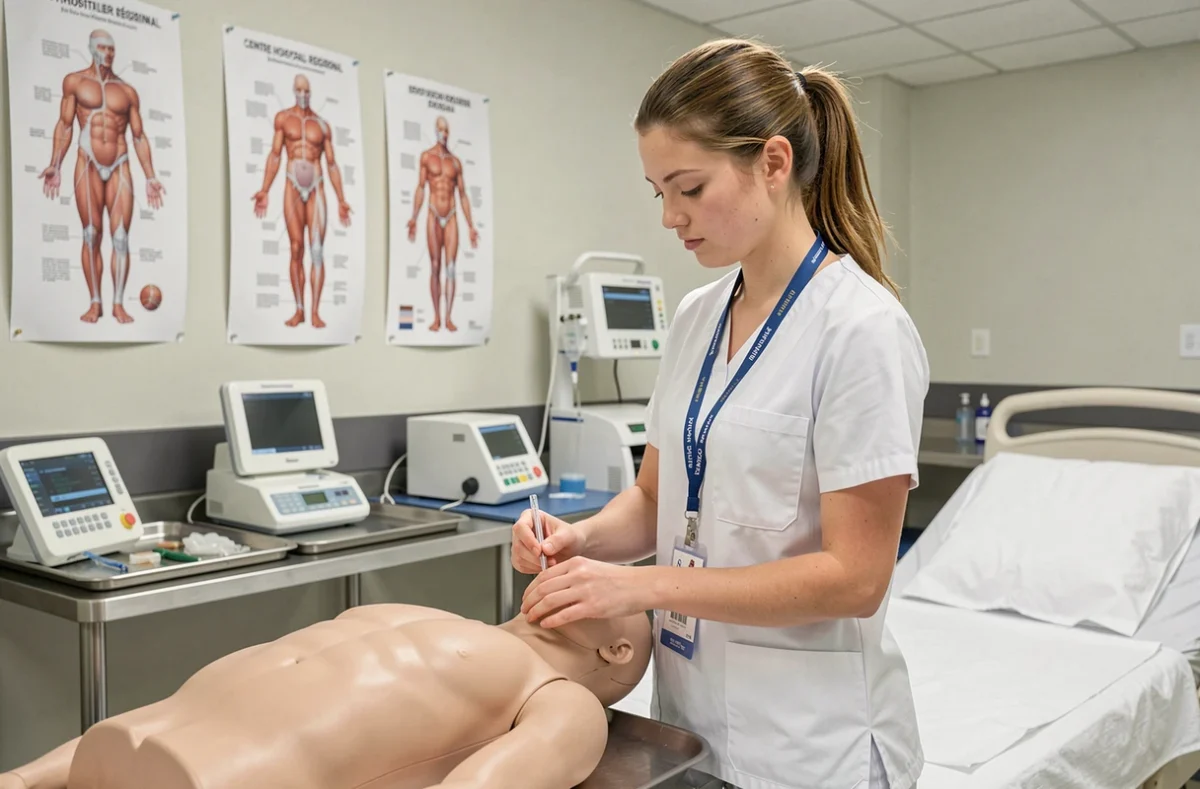 Étudiante infirmière en travaux pratiques à l'IFSI du Centre Hospitalier Régional du Mans