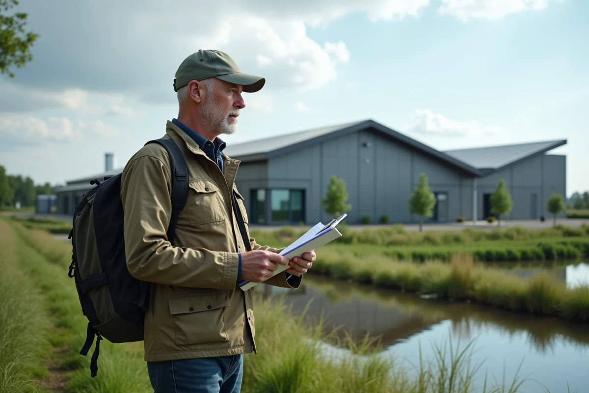 Consultant environnemental inspectant la végétation autour d'un bâtiment industriel écoconçu avec panneaux solaires et bassin de rétention