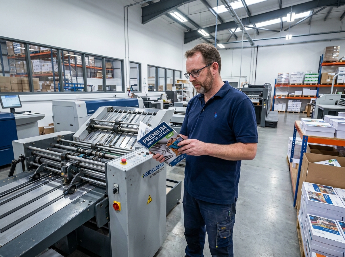 Responsable atelier imprimerie présentant une brochure reliée devant machine de pliage et reliure industrielle