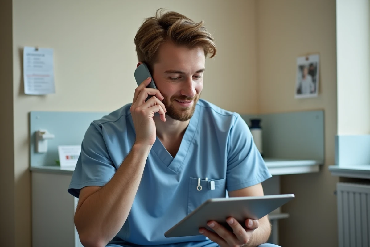 Infirmier en astreinte téléphonique rassura un patient le soir avec smartphone et tablette, aménagement de garde médicale