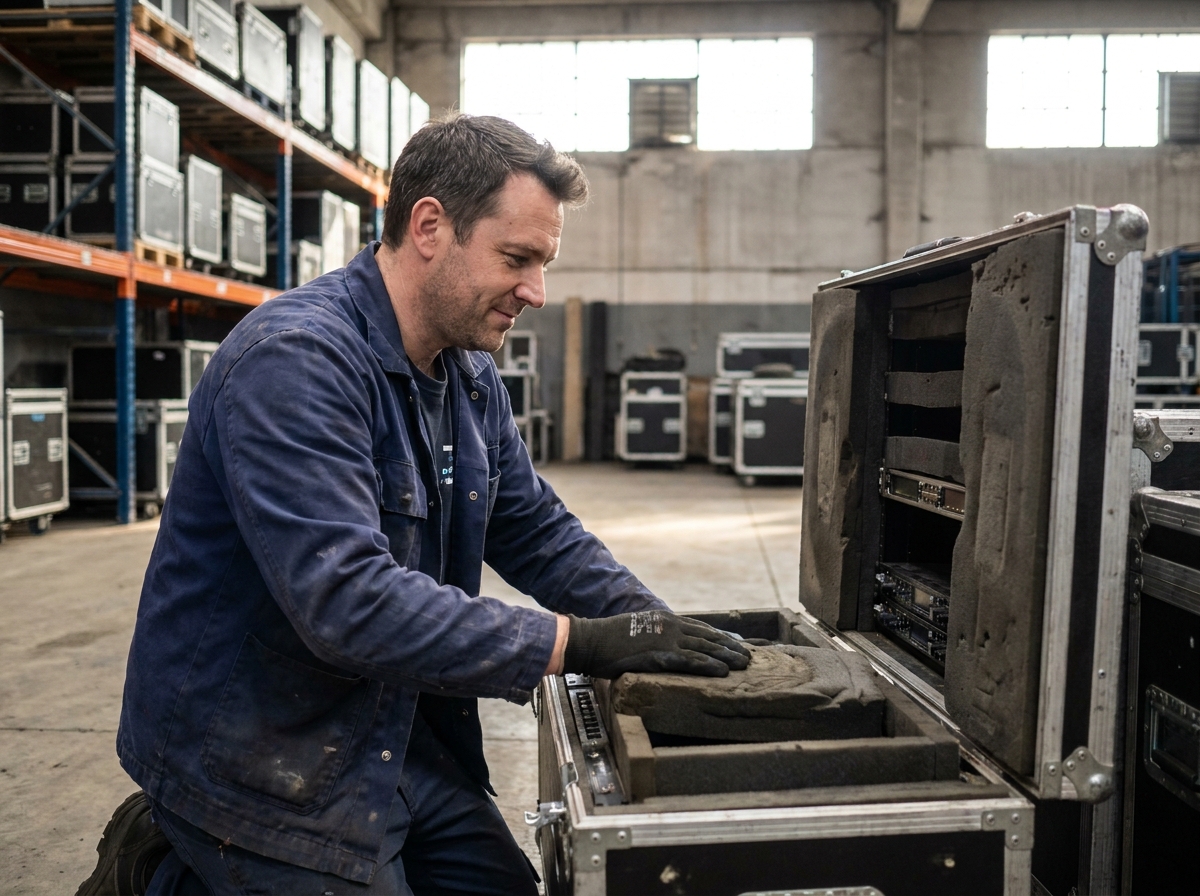 ingénieur son expérimenté examinant l'intérieur d'un flight case d'occasion avec mousse de protection dans un entrepôt de stockage professionnel