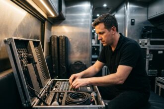 Ingénieur du son inspectant un flight case d'occasion rempli d'équipement professionnel dans un bus de tournée