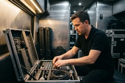 Ingénieur du son inspectant un flight case d'occasion rempli d'équipement professionnel dans un bus de tournée