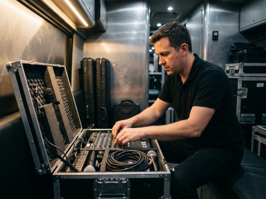 Ingénieur du son inspectant un flight case d'occasion rempli d'équipement professionnel dans un bus de tournée
