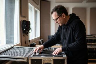 Ingénieur du son inspectant l'intérieur d'un flight case d'occasion contenant du matériel audio professionnel dans un studio d'enregistrement