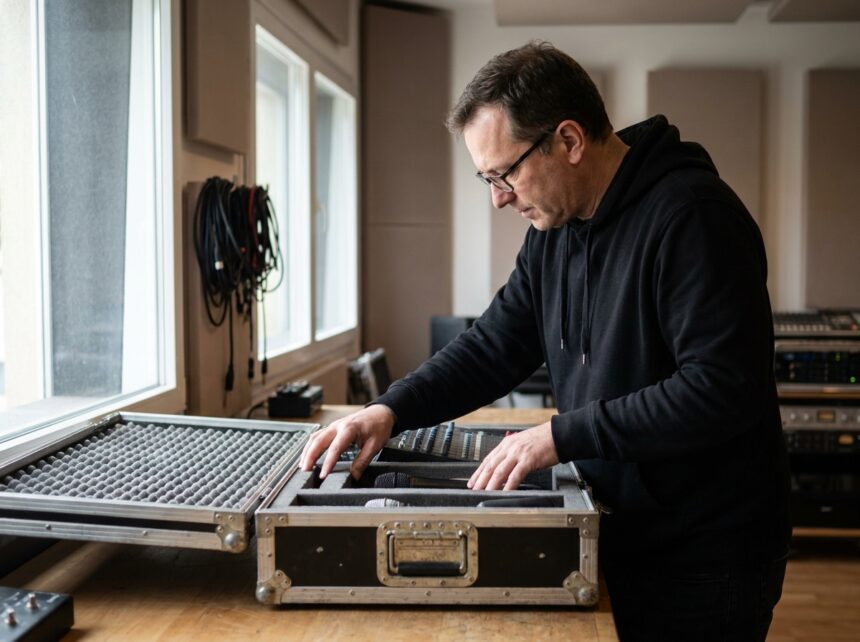 Ingénieur du son inspectant l'intérieur d'un flight case d'occasion contenant du matériel audio professionnel dans un studio d'enregistrement