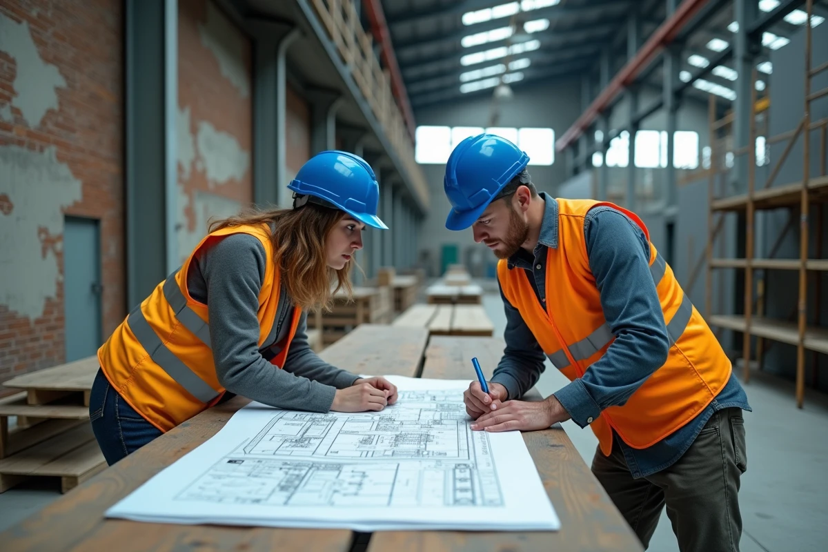 Ingénieurs consultant des plans de rénovation dans un bâtiment industriel partiellement en activité avec échafaudages visibles